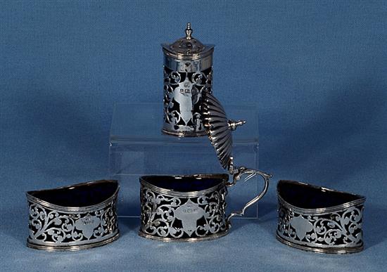 A George V four piece pierced silver condiment set, Total Silver Weight only 4.6ozs/129grms